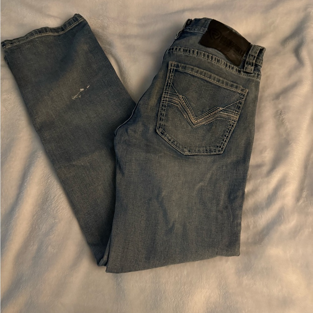 Blue Straight Jeans with Distressed Look